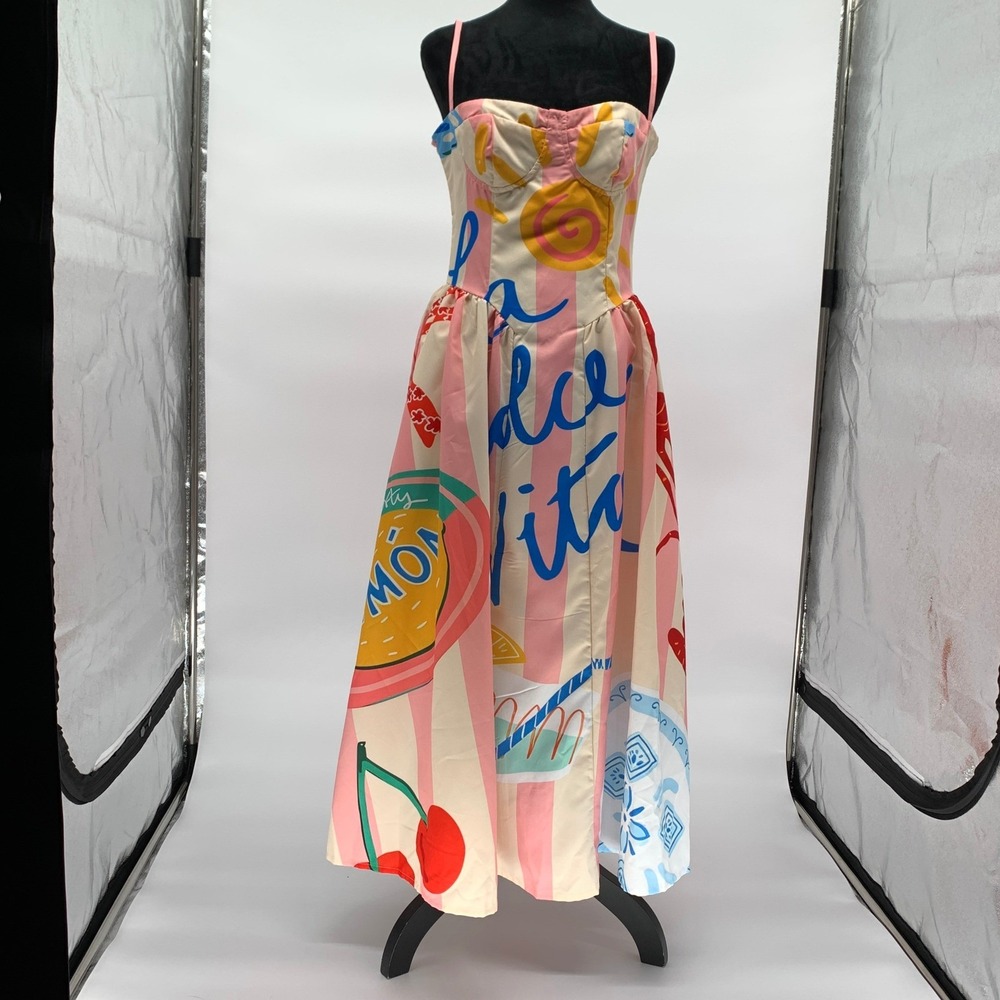 Nice To Meet You La Dolce Vita Pink Striped Lobster Lemon Midi Dress Small
